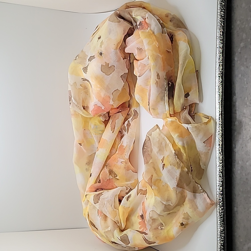 Susan Graver Floral Yellow Orange Brown Scarf Summer Spring Fall
